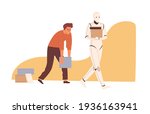 Robot vs human concept. AI versus people. Artificial intelligence working better than man. Machine replacing person in physical labor. Colored flat vector illustration isolated on white background