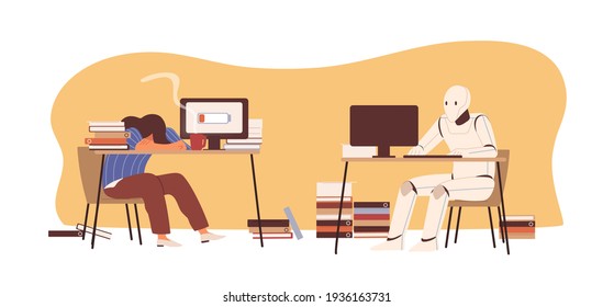 Robot contra concepto humano. IA versus personas en el trabajo. Inteligencia artificial con alta productividad en PC y persona cansada en el lugar de trabajo. Ilustración vectorial plana coloreada aislada en fondo blanco