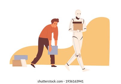 Robot vs human concept. AI versus people. Artificial intelligence working better than man. Machine replacing person in physical labor. Colored flat vector illustration isolated on white background