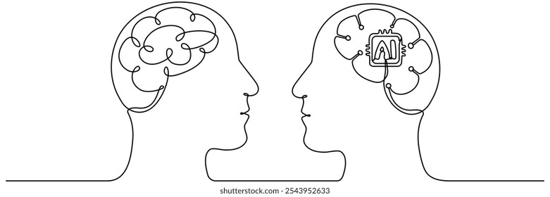 Desenho de linha contínua robô vs humano. Conceito de tecnologia do futuro. Ilustração vetorial isolada em branco.
