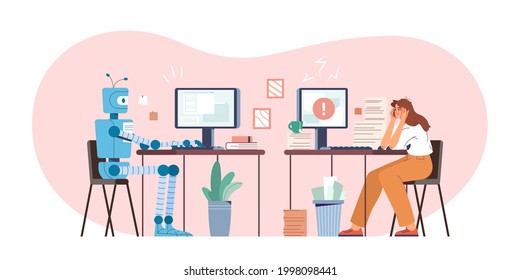 Robot vs human flat vector illustration. Robotic machine and tired woman working at computer in the office. Humanoid versus person. Artificial intelligence challenging employee. Modern ai technology.