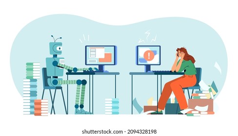 Robot vs human flat vector illustration. Robotic machine and tired woman at computer in office. Humanoid versus person. Artificial intelligence challenging employee. Modern ai technology.