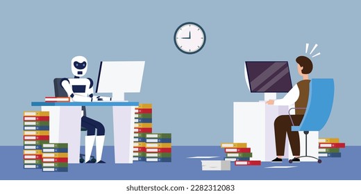 Robot vs human - High productivity artificial intelligence working at PC 2d vector illustration concept for banner, website, illustration, landing page, flyer
