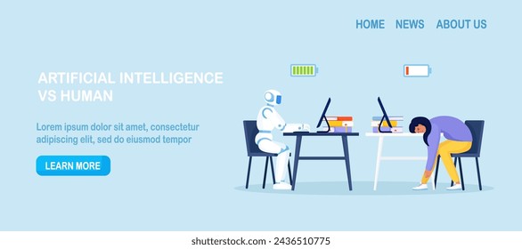 Robot vs human. High productivity artificial intelligence working at computer and tired employee at workplace. Business automation. AI robot work efficiency. Automation or robotic assistance