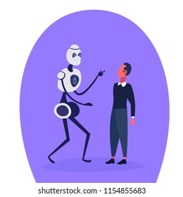 Robot vs human modern robotic machine businessman communication computer technology and artificial intelligence concept full length vector illustration