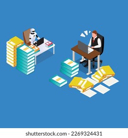 Robot Vs Human Modern Robotic Machine doing office work 3d isometric vector illustration concept for banner, website, landing page, ads, flyer template