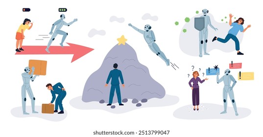 Robô vs humano. As pessoas competem com os androides no local de trabalho. A inteligência artificial substitui o pessoal. Conclusão rápida de tarefas. Tecnologia robótica. Conquistas do desafio