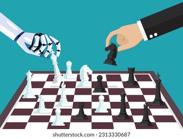 Robot vs Human playing Chess. Concept of machine learning. Artificial Intelligence. Vector illustration