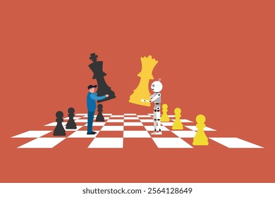 Robot vs Human playing Chess game. artificial intelligence technology concept