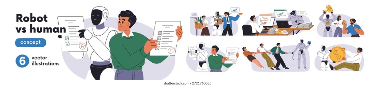 Robot vs conjunto humano. Tecnología futurista y concepto de desafío de IA. Inteligencia artificial y hombre en el trabajo, trabajo, carrera, conflicto, competencia. Ilustraciones vectoriales planas aisladas sobre fondo blanco
