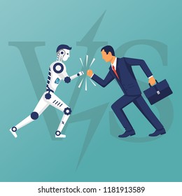 Robot vs human. Versus concept. Vector illustration flat design. Isolated on background. Businessman with the robot collided in battle. Conflict ai with humanoid.
