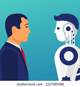 Robot vs human. Versus concept. Vector illustration flat design. Isolated on background. Businessman with the robot collided in battle. Conflict ai with humanoid. 