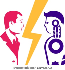 Robot vs human. Versus concept. Vector illustration flat design. Isolated on background. RPA concept. Robotic progress automatisation. Human and robot collided in battle. Conflict ai with humanoid. 