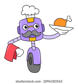 Robot waiter is bringing fried chicken to serve, vector illustration art. doodle icon image kawaii.