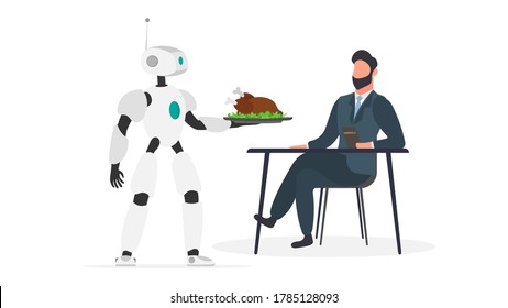 The robot waiter brought food for the man. Robot holds metal tray with fried meat. Concept of future cafe workers. Isolated. Vector.