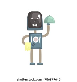 Robot waiter character, android with with cloche cartoon vector illustration