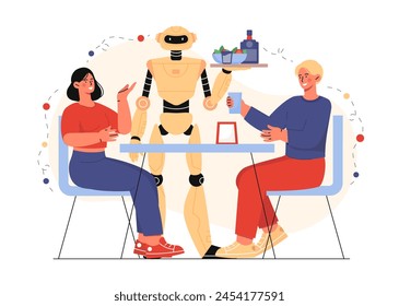 Robot waiter concept. Cyborg with tray standing near man and woman. Cafe and restaurant service, catering occupation. Artificial intelligence and machine learning. Cartoon flat vector illustration