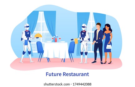 Robot waiter concept. Robots androids serve a table in a restaurant. Cyborg Technologies in the field of service. Catering Robot assistant. Couple in the restaurant is served by robots. Flat Vector