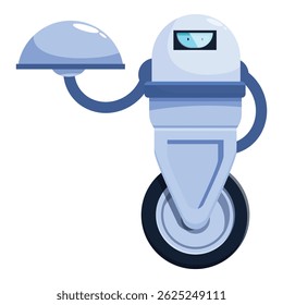 Robot waiter holding a metal cloche platter serving food order in a restaurant