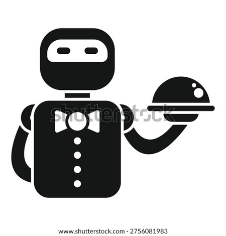Robot waiter holding serving tray with cloche, automation in restaurant industry