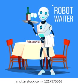 Robot Waiter Holding Tray With Drinks Vector. Isolated Illustration
