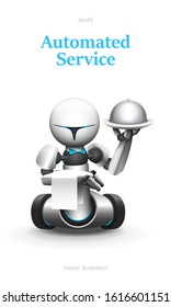 Robot waiter on wheels with blue bow tie holds a towel and a plate with a lid. Isolated on white. Vector illustration.