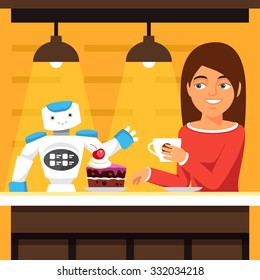 Robot waiter serving coffee and cake. Helper talking to a attractive customer woman. Flat style vector illustration isolated on yellow background.