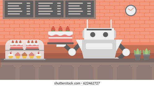 Un mozo robot que sirve un postre en la pastelería. Un mozo robot que trabaja en una pastelería. Un mozo robot parado detrás del mostrador en una pastelería. Ilustración de diseño plana vectorial. Diseño horizontal.