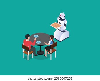 Robot Waiter Serving Food to Customers in a Futuristic Restaurant 3d flat vector illustrations