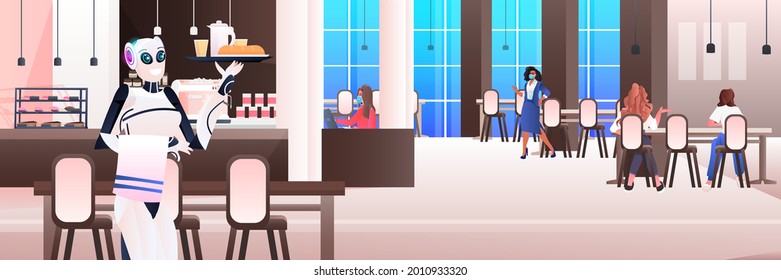 robot waiter serving food to visitors in restaurant artificial intelligence technology concept modern cafe interior