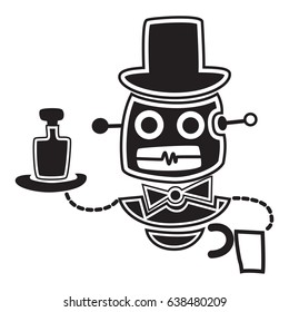 Robot waiter vector black silhouette character isolated on white background. Cartoon icon.