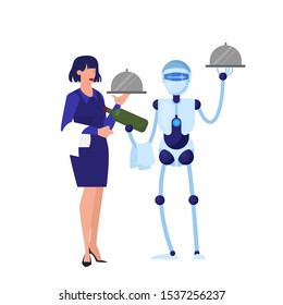 Robot waiter and waitress work together. A concept of mechanic service. Cyborg stand by a woman.