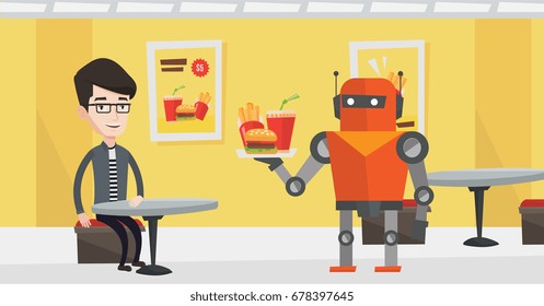 Robot waiter working in a fast food restaurant. Robot waiter holding tray with fast food. Robot waiter serving a man in a fast food restaurant. Vector flat design illustration. Horizontal layout.