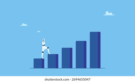 Robô anda pelo gráfico de crescimento. Aumento da inteligência artificial da IA, tecnologia de inovação para desenvolver crescimento, sucesso ou progresso, automação ou IA para negócios financeiros e de marketing.