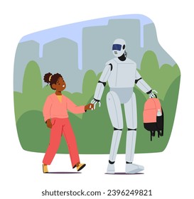 Robot Walk to School with a Delighted Child, Carrying Backpack. Characters Journey Unfolds With Mechanical Grace, Blending Futuristic Wonder And Youthful Innocence. Cartoon Vector Illustration