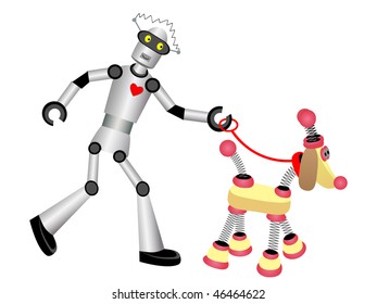 Robot walking robot dog on leash
