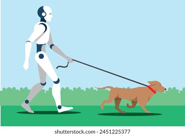 Robot walks a dog on a leash in a park	