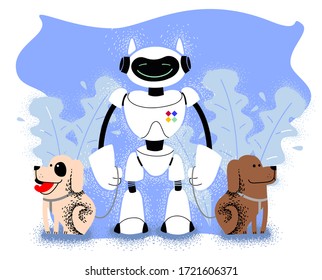 Robot camina con perros. Asistente para personas Android. La tecnología de inteligencia artificial reemplazará al trabajo humano. Servicios futuristas. asistente de robots que caminan mascotas. ayudante de casa.