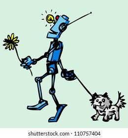 Robot walks his dog. Vector illustration.