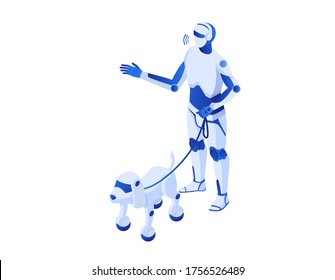 Robot camina robops isométricos. Ilustración robótica robos de ciborg blanco humanoide ayuda a las tecnologías de la futura guardia de orden de inteligencia artificial ayuda a una fantástica comunicación de vectores amigable.