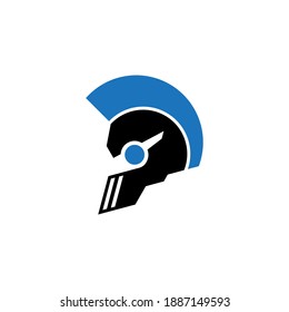 robot war logo, spartan helmet design in flat black and blue color style