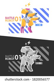 Guerrero robot. Robot de batalla que sostiene una pistola de balas o una pistola de balas, ilustración vectorial de estilo cómico. Ilustración Tecnológica Mech.