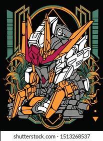 robot warrior with floral and modern sacred geometry background