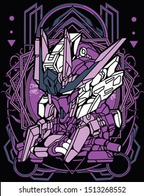 robot warrior with floral and modern sacred geometry background