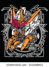 robot warrior with floral and modern sacred geometry background