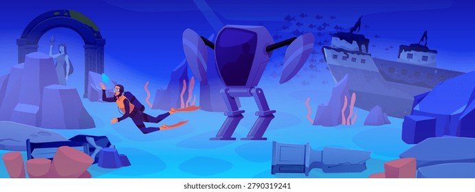 Robot warrior and scuba diver in underwater with sunken ancient city, stone ruins, wreck ship and antique statues. Cartoon sci-fi cyborg futuristic battle transformer robot. Vector flat illustration