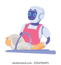 Robot Washing Dishes as Smart Android Assistant Machine Vector Illustration