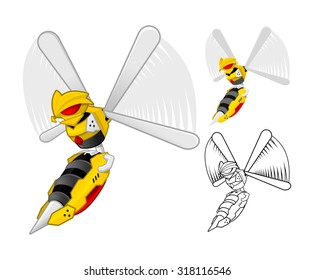 Robot Wasp Cartoon Character Include Flat Design and Outlined Version Vector Illustration