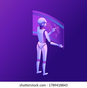 Robot watching earth, Isometric 3d vector illustration, smart technolodgy template, glowing globe icon, artificial intelligence managing transport system, purple background