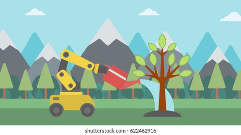 Robot with watering can in arm watering tree outdoor. Robot taking care of tree and environment. Environmental protection and conservation concept. Vector flat design illustration. Horizontal layout.